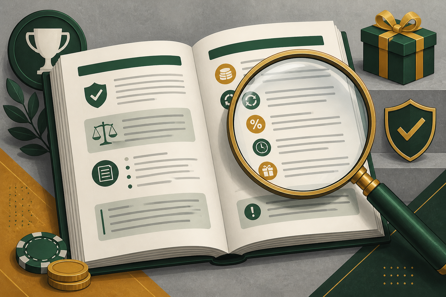 Illustration of terms pages and a magnifying glass